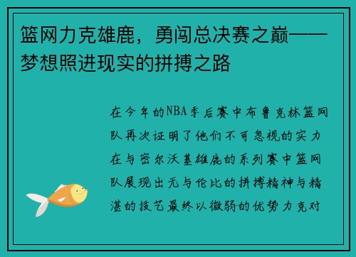 篮网力克雄鹿，勇闯总决赛之巅——梦想照进现实的拼搏之路